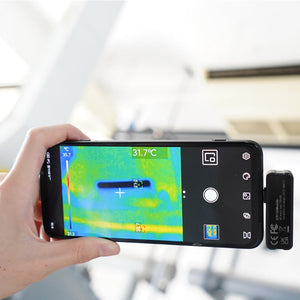 UNI-T UTI120MOBILE Smartphone Thermal Camera – -20°C to 400°C, ≤60MK - a thermal heat map display with temperature readings on the screen.