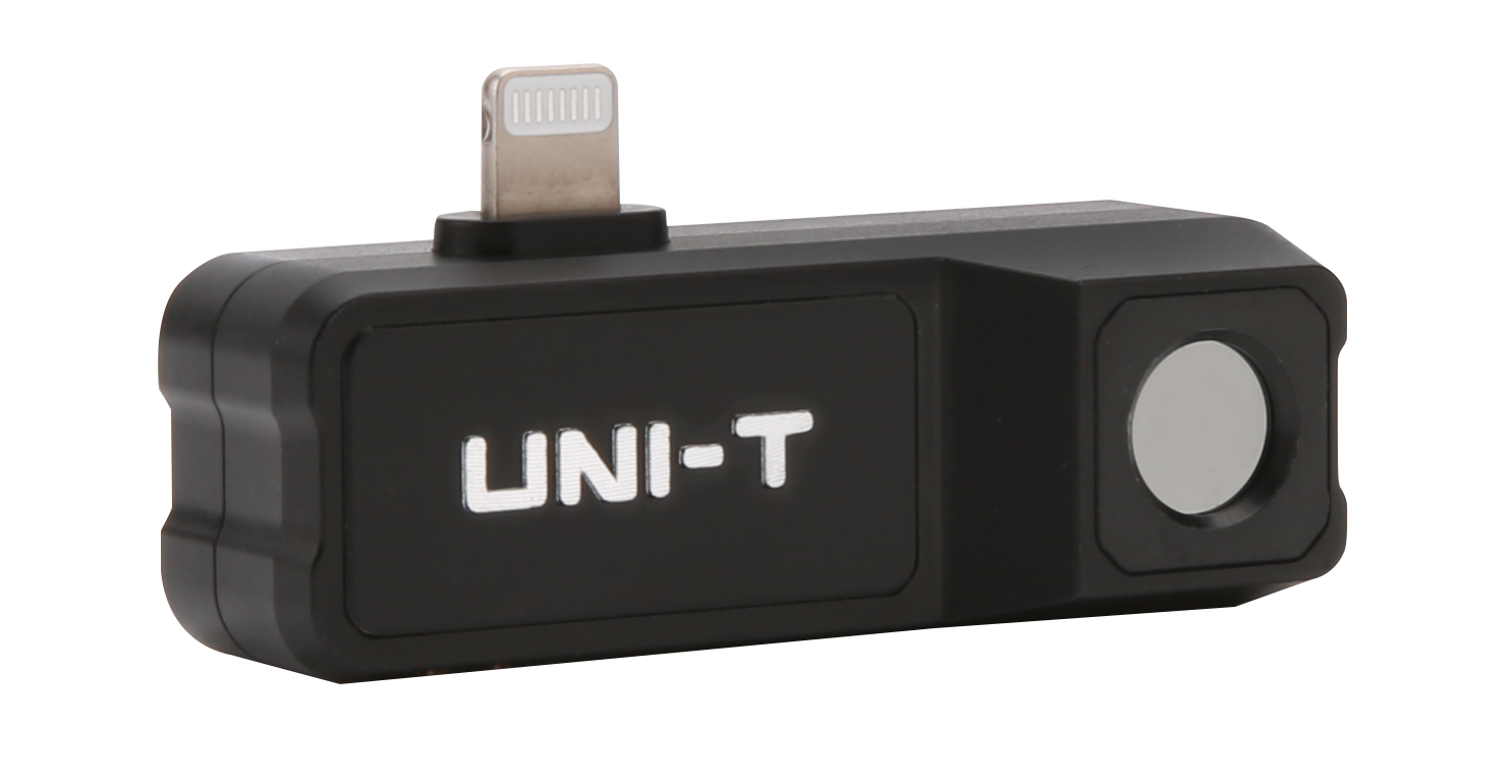 UNI-T UTI120MS Smartphone Thermal Camera Module for IPhone - a black, rectangular device with a Lightning connector and a circular thermal lens.
