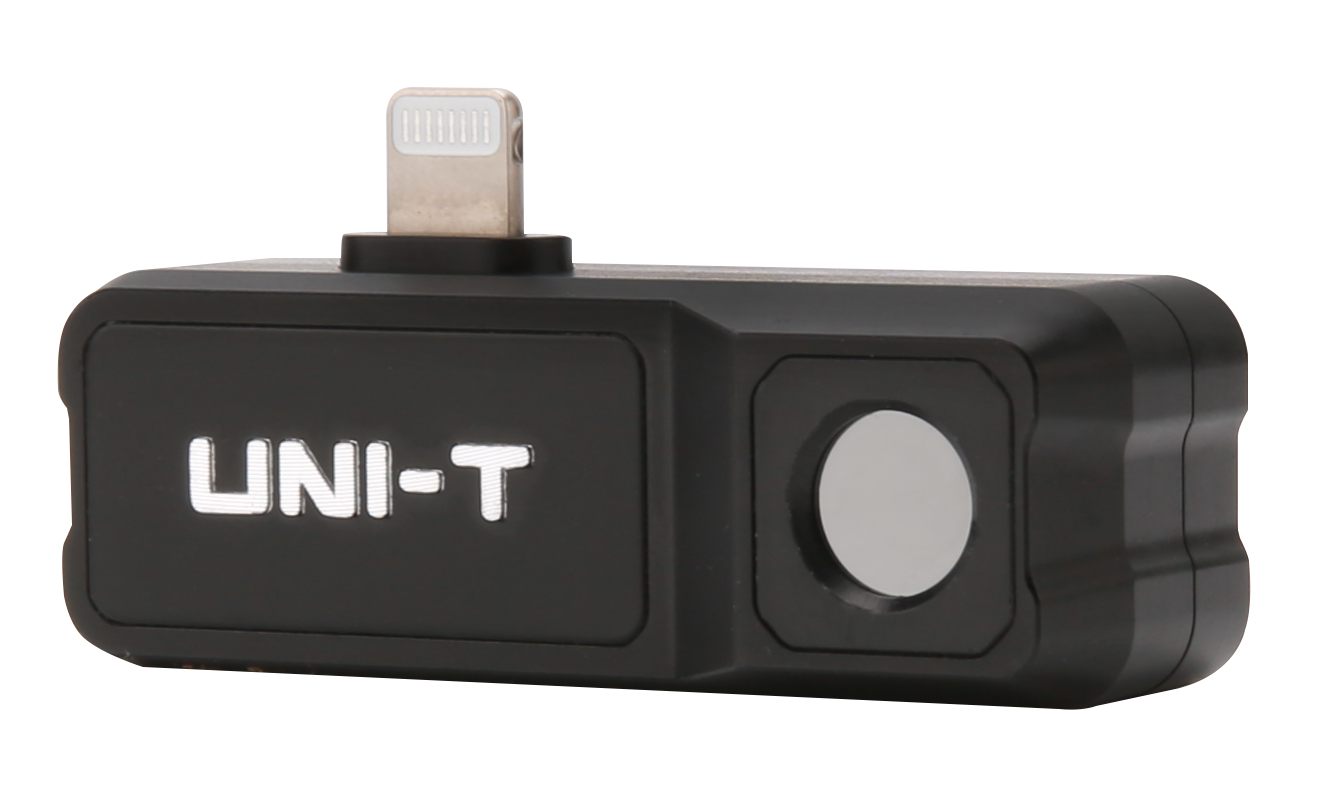 UNI-T UTI120MS Smartphone Thermal Camera Module for IPhone - a black, rectangular device featuring a circular lens and a top-mounted Lightning connector.