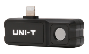UNI-T UTI120MS Smartphone Thermal Camera Module for IPhone - a black, rectangular device featuring a circular lens and a top-mounted Lightning connector.