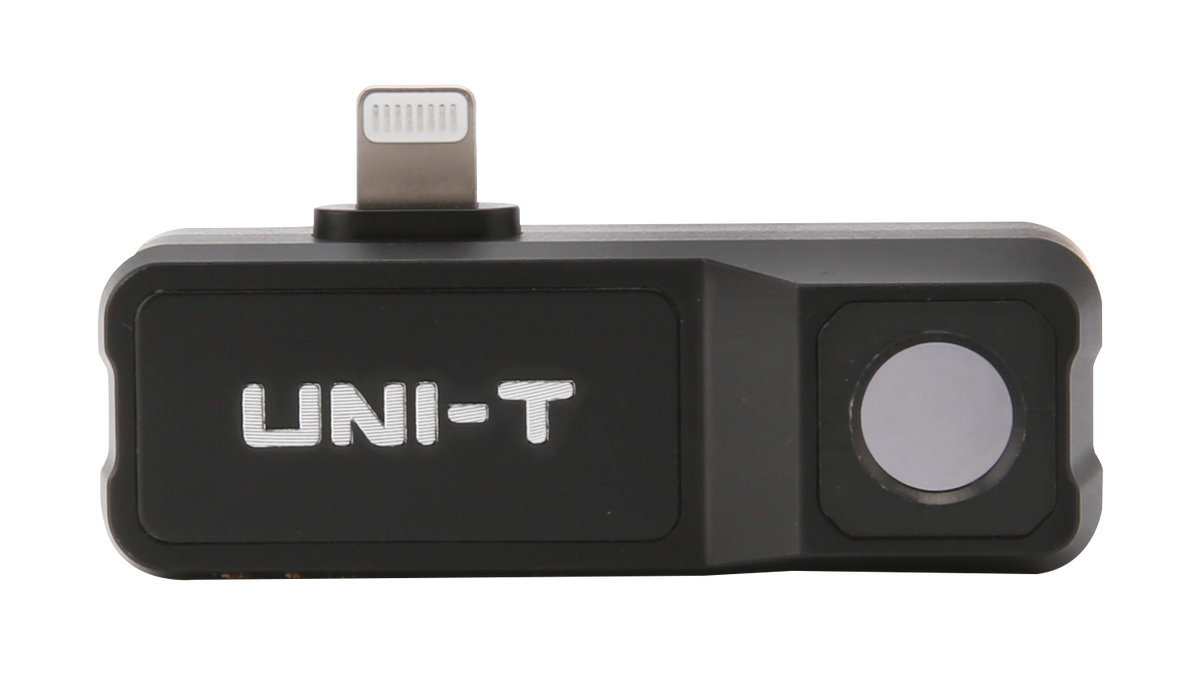 UNI-T UTI120MS Smartphone Thermal Camera Module for IPhone - a black rectangular device featuring a Lightning connector and a circular thermal lens.
