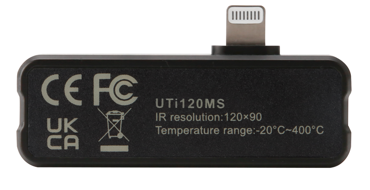 UNI-T UTI120MS Smartphone Thermal Camera Module for IPhone - a black rectangular device with an integrated Lightning connector and printed technical specs.