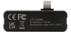 UNI-T UTI120MS Smartphone Thermal Camera Module for IPhone - a black rectangular device with an integrated Lightning connector and printed technical specs.