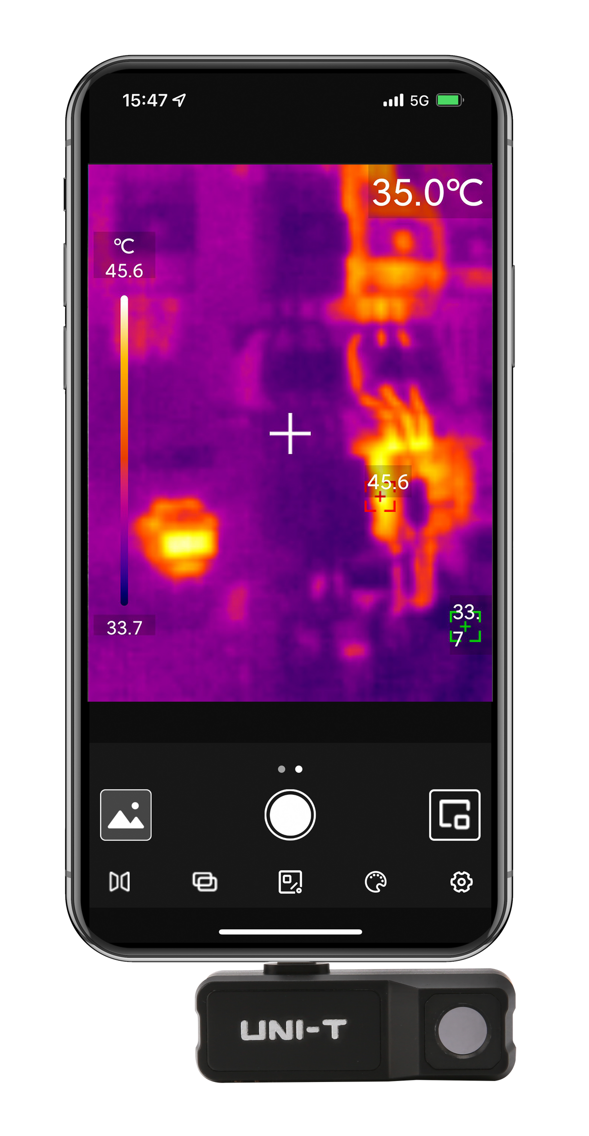 UNI-T UTI120MS Smartphone Thermal Camera Module for IPhone - attached to a phone displaying a thermal image with temperature readings on the screen.