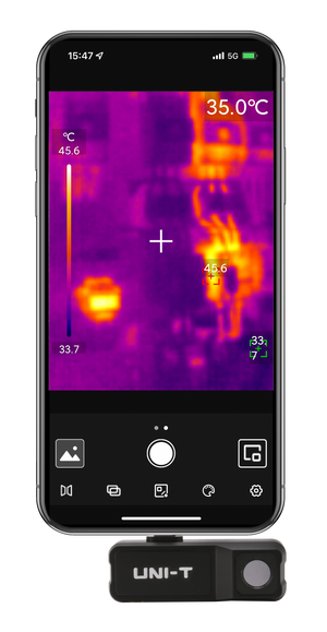 UNI-T UTI120MS Smartphone Thermal Camera Module for IPhone - attached to a phone displaying a thermal image with temperature readings on the screen.