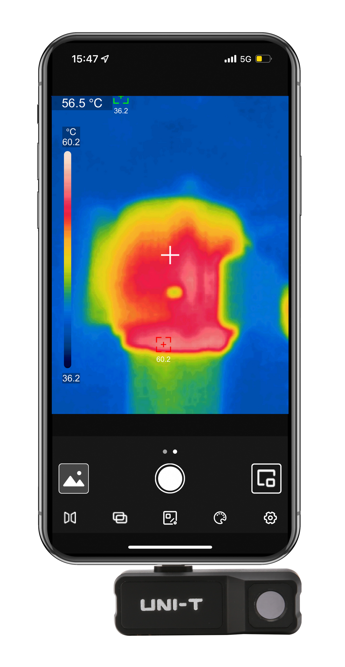 UNI-T UTI120MS Smartphone Thermal Camera Module for IPhone - attached to a smartphone displaying a thermal heat map with temperature readings on its screen.