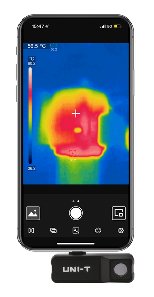 UNI-T UTI120MS Smartphone Thermal Camera Module for IPhone - attached to a smartphone displaying a thermal heat map with temperature readings on its screen.