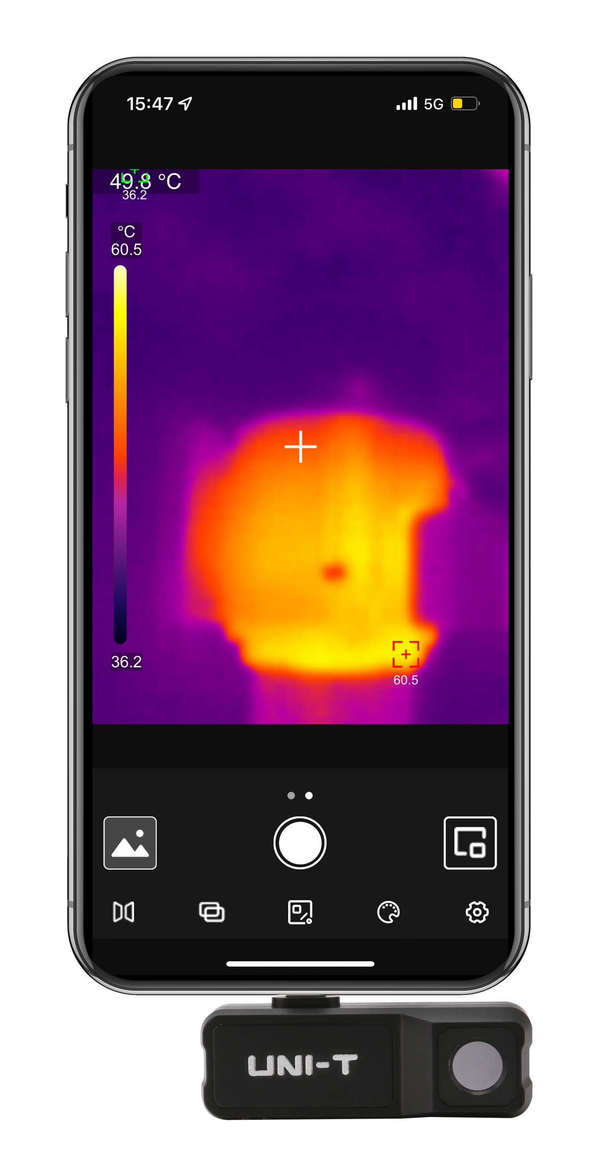 UNI-T UTI120MS Smartphone Thermal Camera Module for IPhone - attached to a smartphone displaying a thermal heat map with temperature readings on screen.