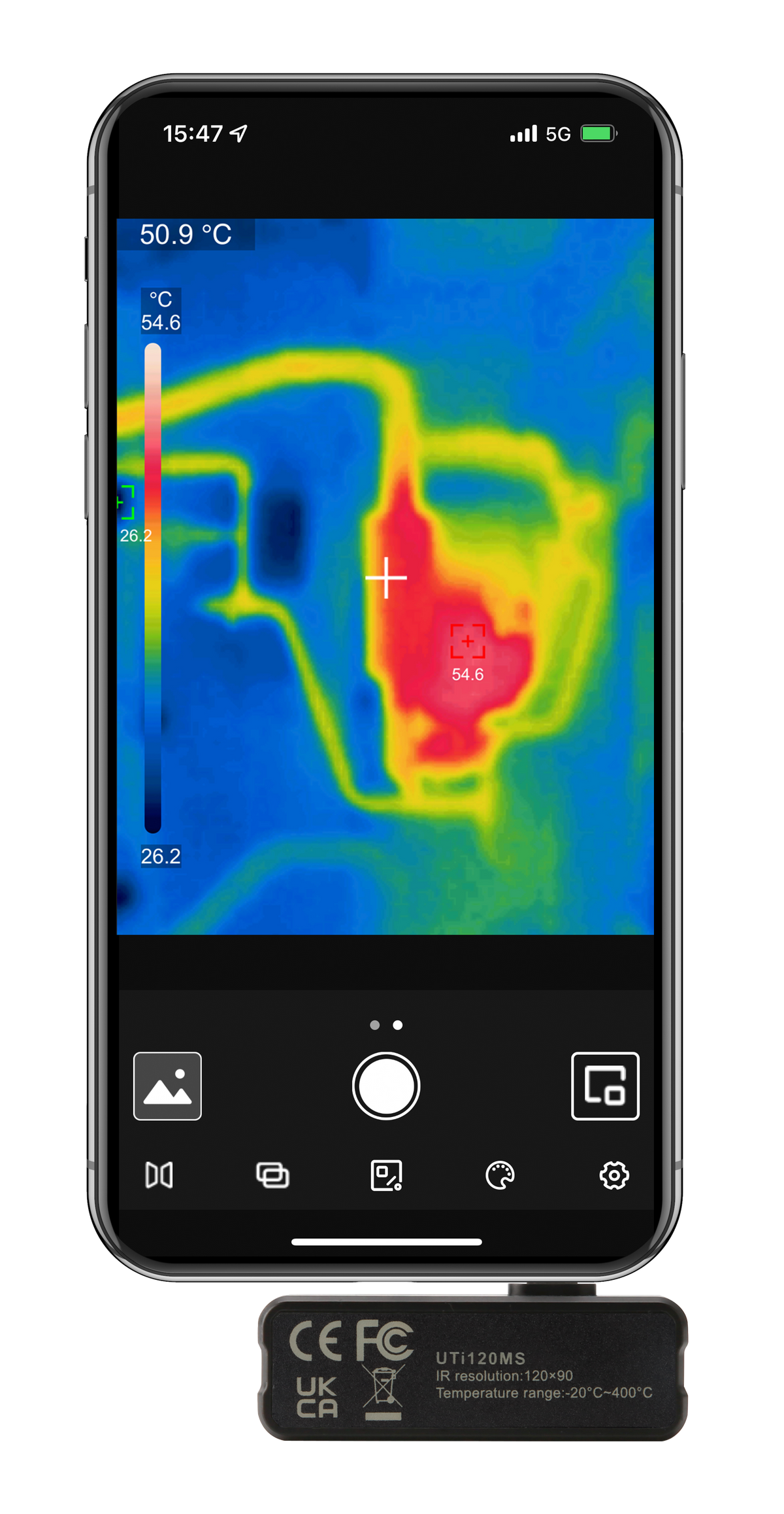 UNI-T UTI120MS Smartphone Thermal Camera Module for IPhone - attached to a smartphone displaying a thermal heat map with a 54.6°C maximum temperature reading.