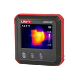 UNI-T UTI120P Pocket-sized Thermal Camera – 120×90, -20°C to 400°C, ≤60MK - a square red and black device with a screen showing a thermal heat map, three circular buttons, and a battery icon.
