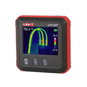 UNI-T UTI120P Pocket-sized Thermal Camera – 120×90, -20°C to 400°C, ≤60MK - a red and black square device with a screen displaying a thermal image and three front-facing buttons.