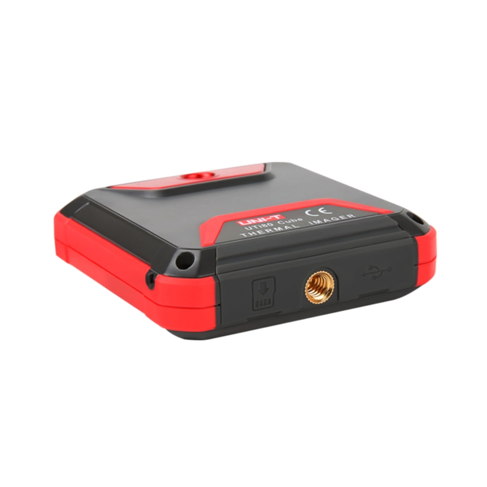 UNI-T UTI120P Pocket-sized Thermal Camera – 120×90, -20°C to 400°C, ≤60MK - a red and black rectangular device showing a side profile with a tripod mount, a USB port, and a memory card slot.