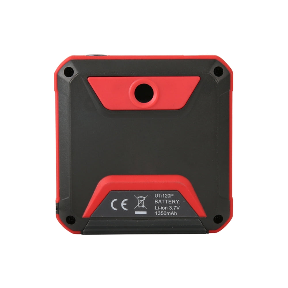 UNI-T UTI120P Pocket-sized Thermal Camera – 120×90, -20°C to 400°C, ≤60MK - a black and red square casing with a circular lens opening, CE marking, and battery specifications.