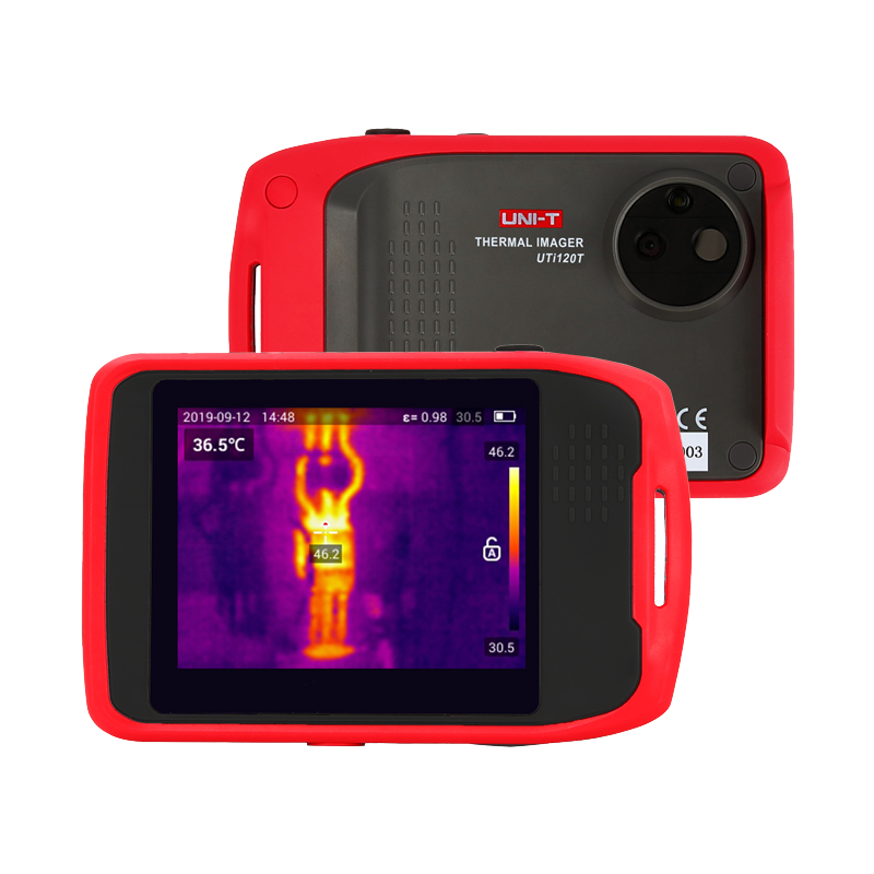 UNI-T UTI120T Pocket Thermal Imaging Camera – 120×90 IR, −20 to 400°C, Touchscreen, Fusion / PIP, Hot/Cold Spot Tracking - the front touchscreen display with a thermal heat map and the rear camera lens in a red casing.