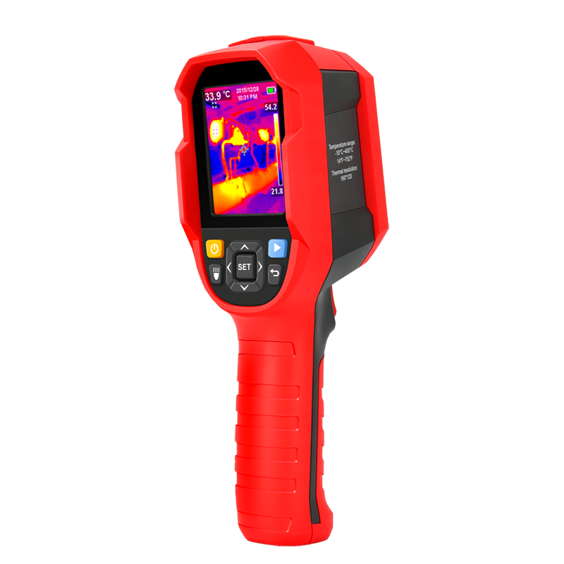 UNI-T UTI165A+ Thermal Imaging Camera – 160×120 IR, −10 to 400°C, IP65, 2.8" TFT, Hot/Cold Spot Tracking, Heavy-Duty Industrial Thermal Camera - a digital display with a thermal heat map, navigation buttons, and a grip handle.