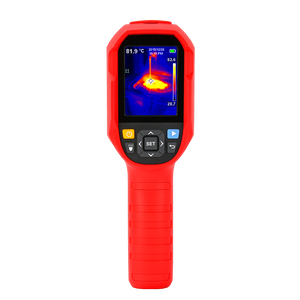 UNI-T UTI165A+ Thermal Imaging Camera – 160×120 IR, −10 to 400°C, IP65, 2.8" TFT, Hot/Cold Spot Tracking, Heavy-Duty Industrial Thermal Camera - a screen showing a heat map, navigation buttons, a power button, and a flashlight control button.