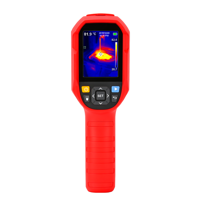 UNI-T UTI165A+ Thermal Imaging Camera – 160×120 IR, −10 to 400°C, IP65, 2.8" TFT, Hot/Cold Spot Tracking, Heavy-Duty Industrial Thermal Camera - a screen showing a heat map, navigation buttons, a power button, and a flashlight control button.