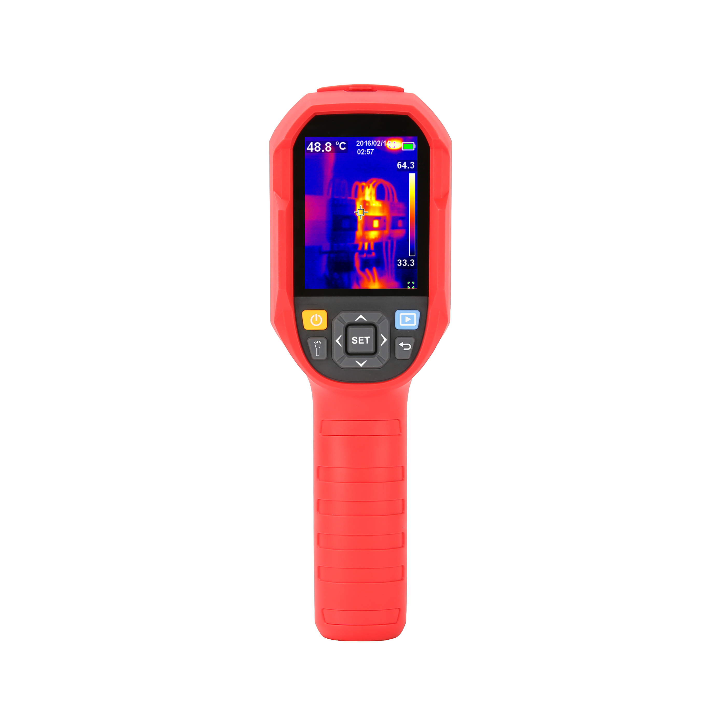 UNI-T UTI260B Heavy Duty Thermal Camera – 256×192, -20°C to 550°C, ≤60MK - a front-facing display with a thermal image, navigation buttons, and a central SET button.