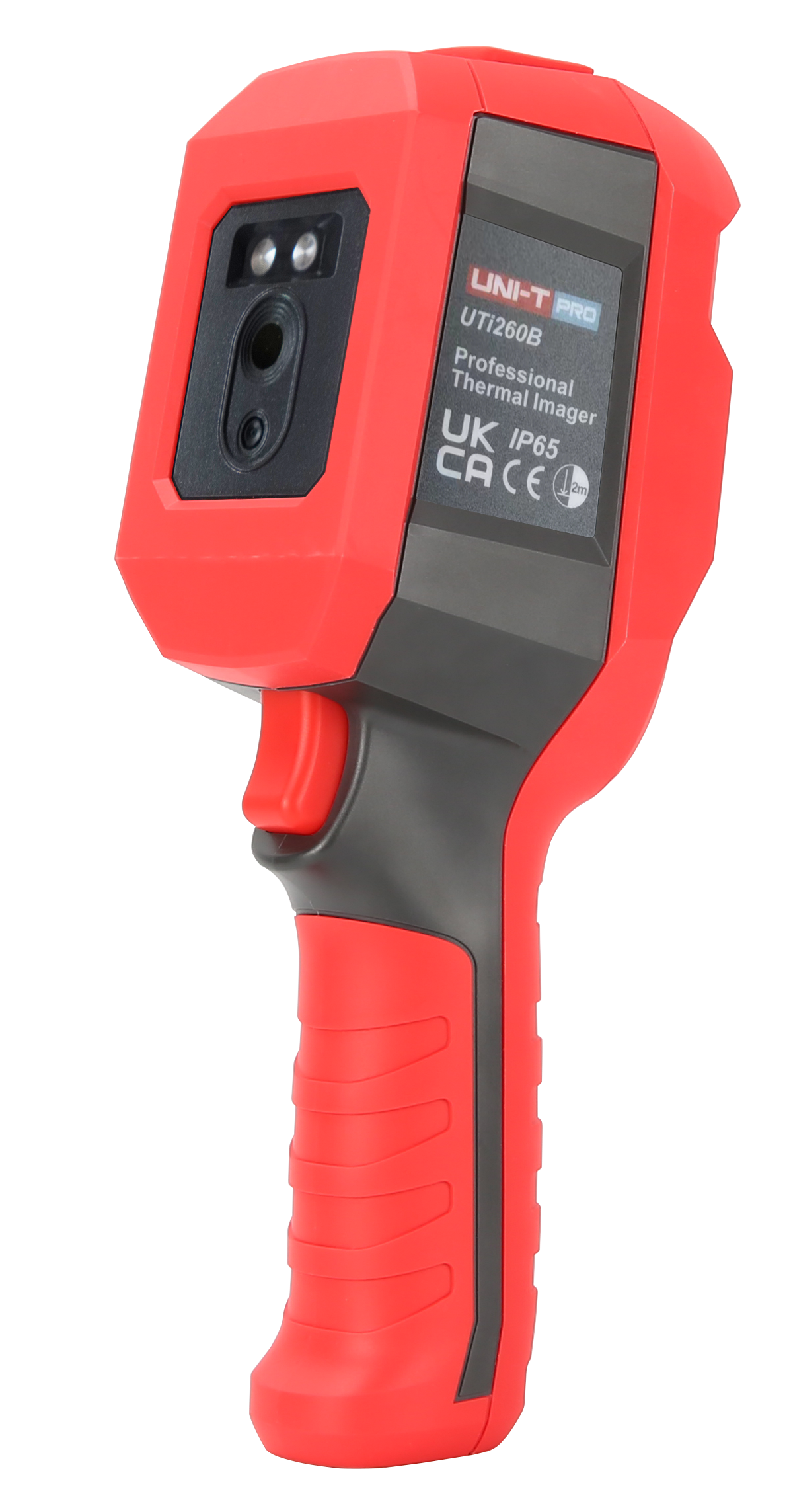 UNI-T UTI260B Heavy Duty Thermal Camera – 256×192, -20°C to 550°C, ≤60MK - professional thermal imager in red and grey, featuring a trigger button, a lens, and a label displaying model and certification details.