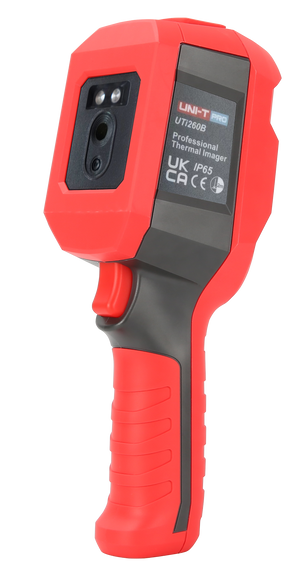 UNI-T UTI260B Heavy Duty Thermal Camera – 256×192, -20°C to 550°C, ≤60MK - professional thermal imager in red and grey, featuring a trigger button, a lens, and a label displaying model and certification details.