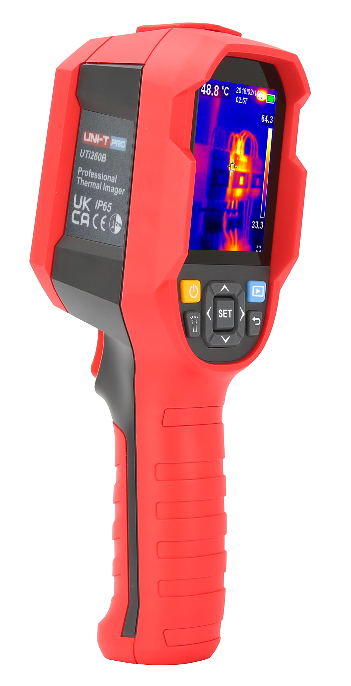 UNI-T UTI260B Heavy Duty Thermal Camera – 256×192, -20°C to 550°C, ≤60MK - a handheld pistol-grip design with a digital display, navigation buttons, and a thermal imaging screen.