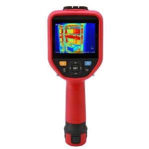 UNI-T UTI384G 384 G-Series Professional Thermal Imager - a handheld grip, control buttons, and a screen displaying a thermal image of shelving.