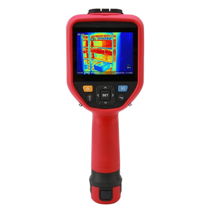 UNI-T UTI384G 384 G-Series Professional Thermal Imager - a handheld grip, control buttons, and a screen displaying a thermal image of shelving.