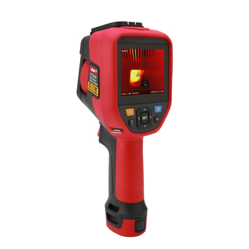 UNI-T UTI384G 384 G-Series Professional Thermal Imager - a pistol-grip handle, control buttons, and a screen displaying a thermal image.