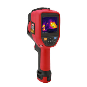 UNI-T UTI384G 384 G-Series Professional Thermal Imager - a screen displaying a thermal image, control buttons, and a trigger handle.