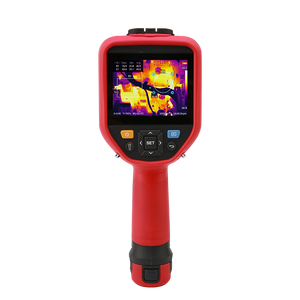 UNI-T UTI384G 384 G-Series Professional Thermal Imager - a red handheld device with a screen showing a thermal heat map, navigation buttons, and a bottom battery compartment.