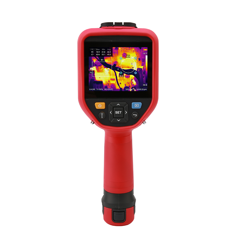 UNI-T UTI384G 384 G-Series Professional Thermal Imager - a red handheld device with a screen showing a thermal heat map, navigation buttons, and a bottom battery compartment.