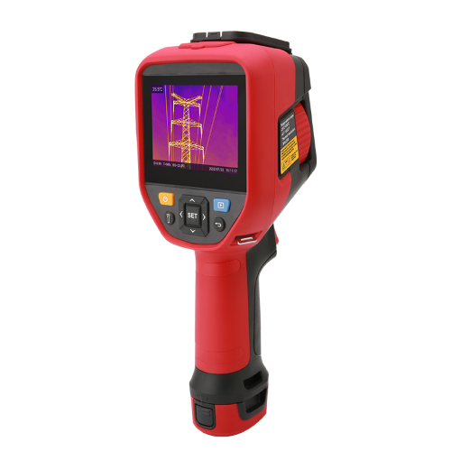 UNI-T UTI384G 384 G-Series Professional Thermal Imager - a screen displaying a power pylon, directional buttons, and a grip handle.