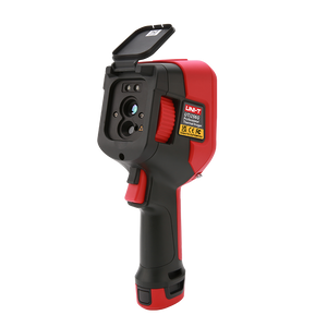 UNI-T UTI384G 384 G-Series Professional Thermal Imager - UNI-T UTI256G professional thermal imager in red and black, shown from a side angle with its lens cover open and a red trigger button visible.