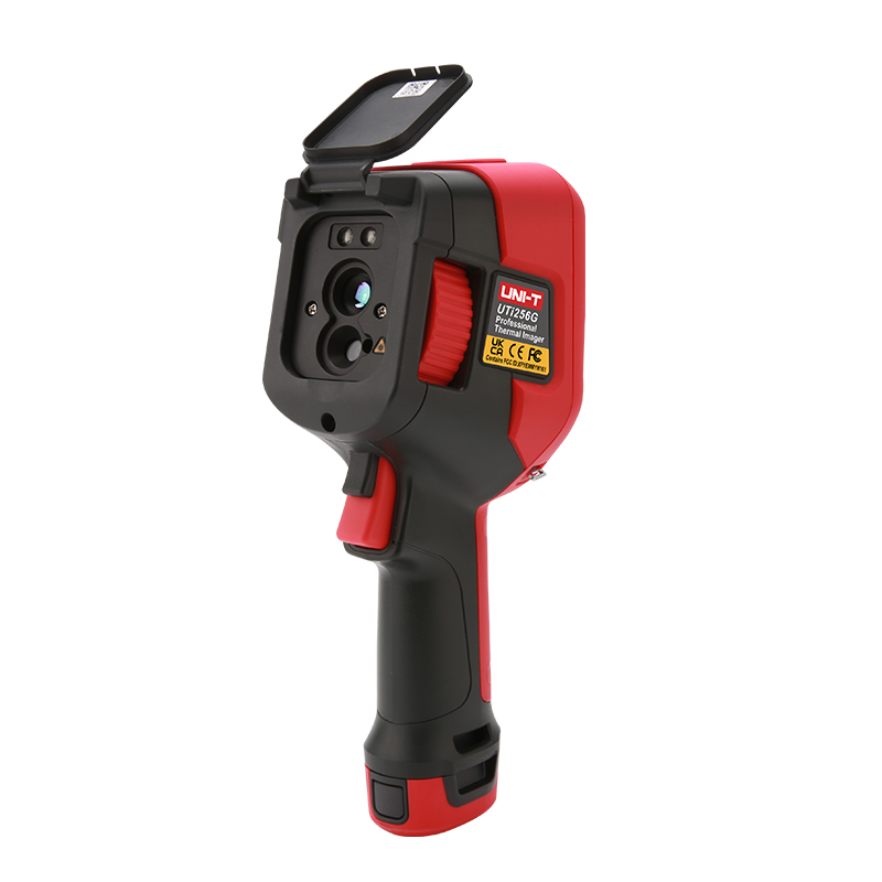 UNI-T UTI384G 384 G-Series Professional Thermal Imager - UNI-T UTI256G professional thermal imager in red and black, shown from a side angle with its lens cover open and a red trigger button visible.