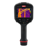 UNI-T UTI640J 640 Enhanced Series Thermal Imager - a black handheld device with a screen displaying a thermal image of power lines and a keypad.