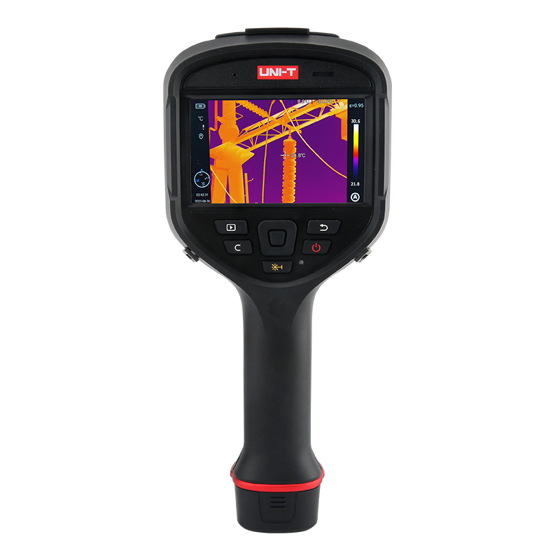 UNI-T UTI640J 640 Enhanced Series Thermal Imager - a black handheld device with a screen displaying a thermal image of power lines and a keypad.