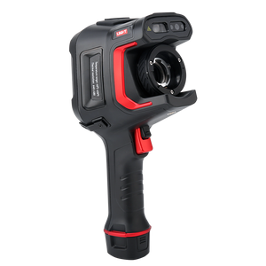 UNI-T UTI640J 640 Enhanced Series Thermal Imager - in black and red, showing the lens, trigger, and side label with temperature range and resolution text on a white background.