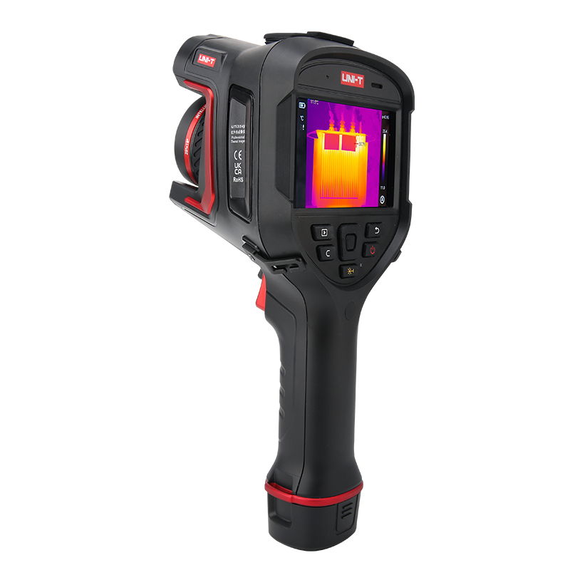 UNI-T UTI640J 640 Enhanced Series Thermal Imager - a display showing a thermal image of a transformer, buttons, and a lens.