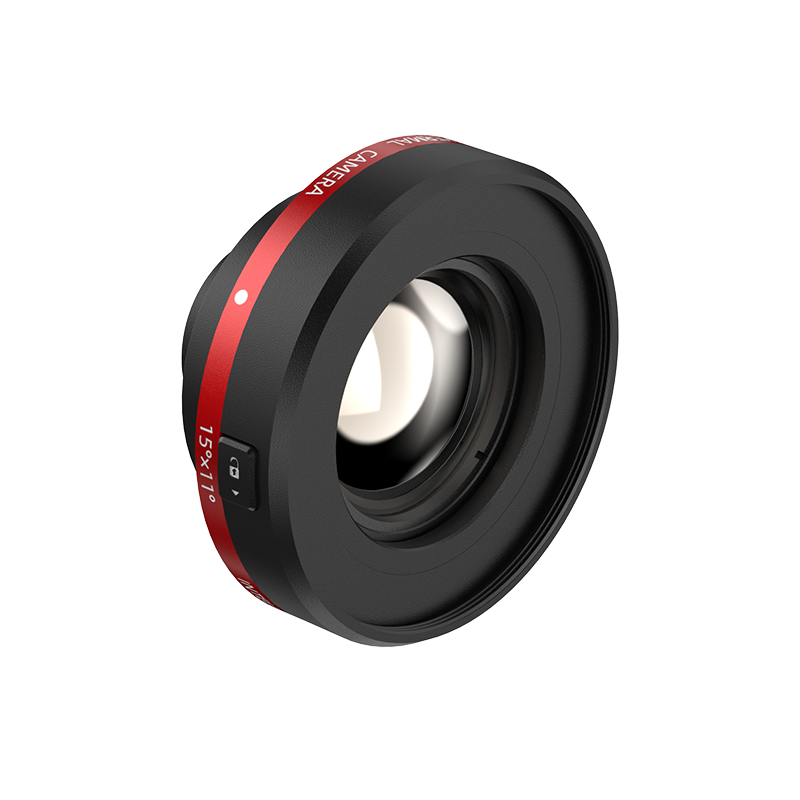 UNI-T UTI640J 640 Enhanced Series Thermal Imager - a black circular camera lens with a red band, a white alignment dot, and a small locking switch labeled 15°x11°.