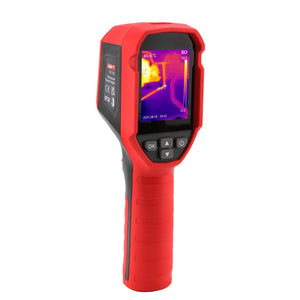 UNI-T UTI712S Cost-effective Thermal Camera – 120×90, -20°C to 400°C, ≤60MK - in red and black, featuring a screen displaying a thermal image, navigation buttons, and a grip handle.