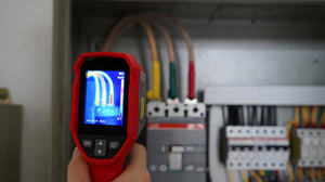 UNI-T UTI712S Cost-effective Thermal Camera – 120×90, -20°C to 400°C, ≤60MK - displaying a heat map of electrical wires on its screen, featuring a red casing and navigation buttons.