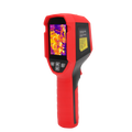 UNI-T UTI716S Cost-effective Thermal Camera – 160×120, -20°C~550°C, ≤50MK - a red handheld device with a screen showing a thermal image, navigation buttons, and a yellow specification label.