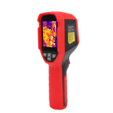 UNI-T UTI716S Cost-effective Thermal Camera – 160×120, -20°C~550°C, ≤50MK - a red handheld device with a screen showing a thermal image, navigation buttons, and a yellow specification label.