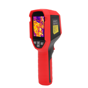 UNI-T UTI716S Cost-effective Thermal Camera – 160×120, -20°C~550°C, ≤50MK - a red handheld device with a screen showing a thermal image, navigation buttons, and a yellow specification label.