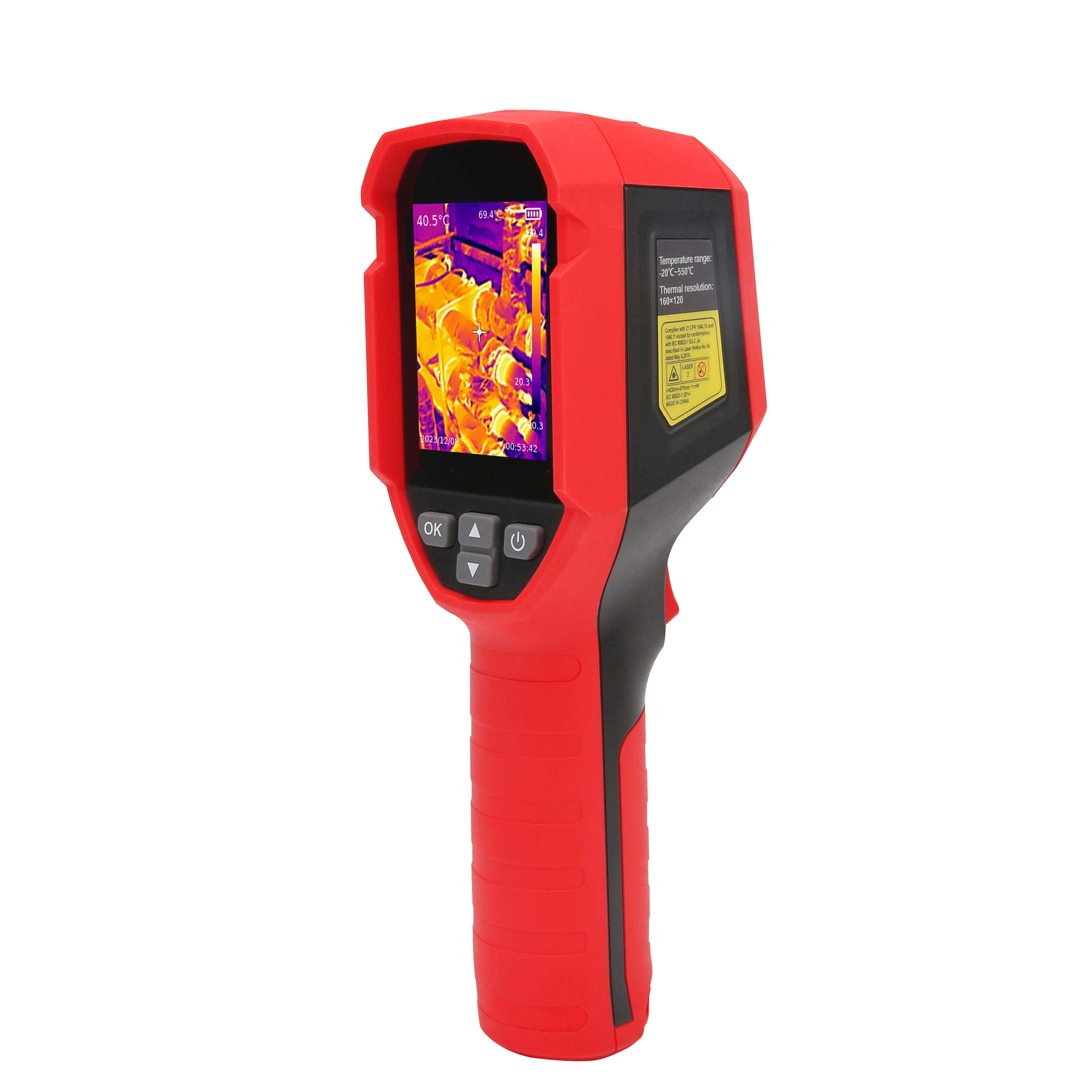 UNI-T UTI716S Cost-effective Thermal Camera – 160×120, -20°C~550°C, ≤50MK - a red handheld device with a screen showing a thermal image, navigation buttons, and a yellow specification label.