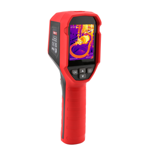 UNI-T UTI716S Cost-effective Thermal Camera – 160×120, -20°C~550°C, ≤50MK - a red handheld device with a display showing a thermal image of machinery, navigation buttons, and a grip handle.