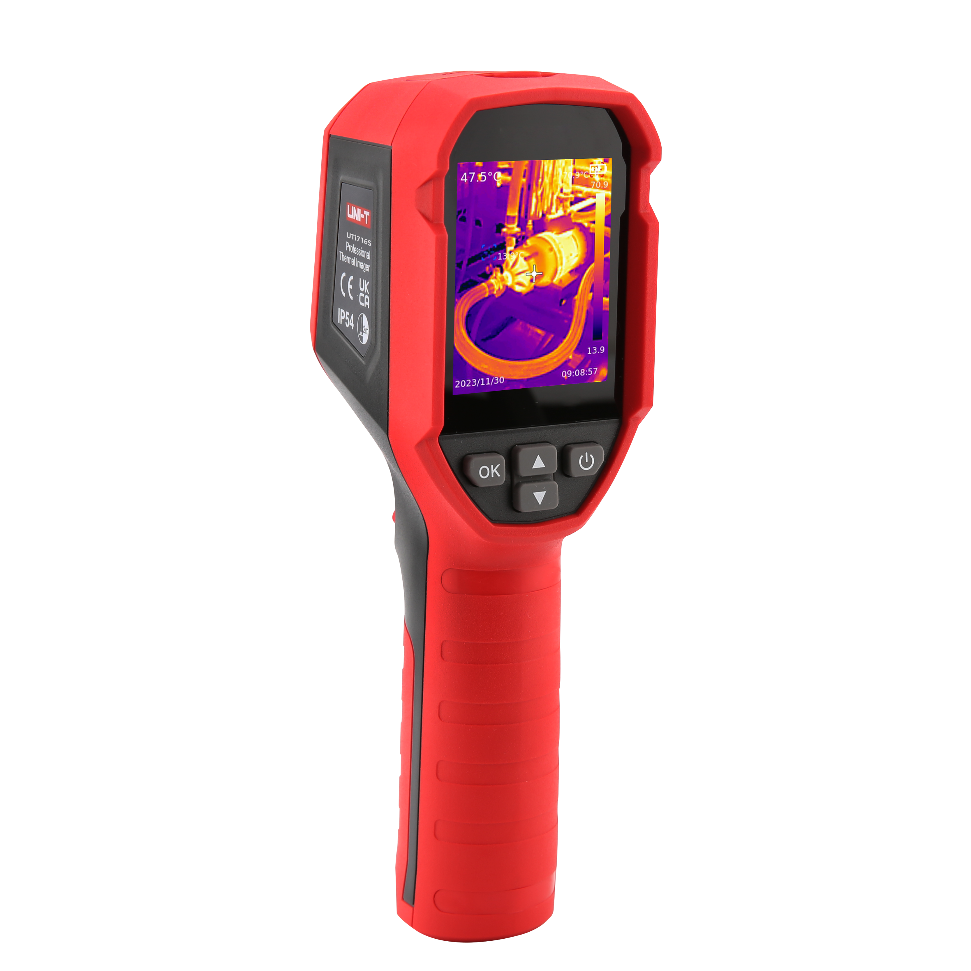 UNI-T UTI716S Cost-effective Thermal Camera – 160×120, -20°C~550°C, ≤50MK - a red handheld device with a display showing a thermal image of machinery, navigation buttons, and a grip handle.