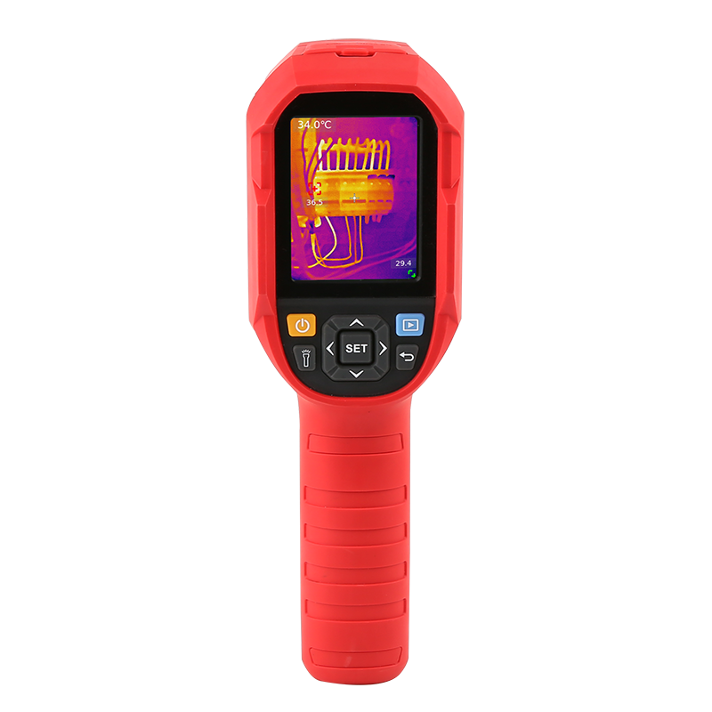 UNI-T UTI720B Thermal Imaging Camera – 256×192 IR (Super-Res 512×384), −20 to 550°C, ≤50 mK, T-Mix Fusion, Wi-Fi, Heavy-Duty Industrial Thermal Camera - a handheld grip, navigation buttons, and a screen displaying a thermal image of electrical wiring.