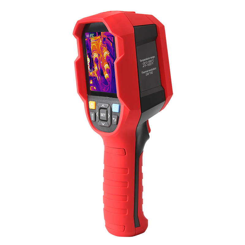 UNI-T UTI720B Thermal Imaging Camera – 256×192 IR (Super-Res 512×384), −20 to 550°C, ≤50 mK, T-Mix Fusion, Wi-Fi, Heavy-Duty Industrial Thermal Camera - red and black, showing a screen with a thermal image, navigation buttons, and technical text on the side.