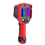 UNI-T UTI720E Enhanced Thermal Camera – 256×192, -20°C to 550°C, ≤50MK - a red and black handheld device showing a thermal image of a wall corner on its screen with control buttons below.